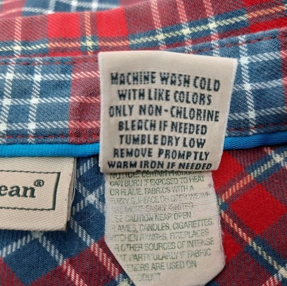 L.L. Bean Red White & Blue Button Down Plaid Roll Tab Sleeve Shirt Size Medium - Picture 7 of 9